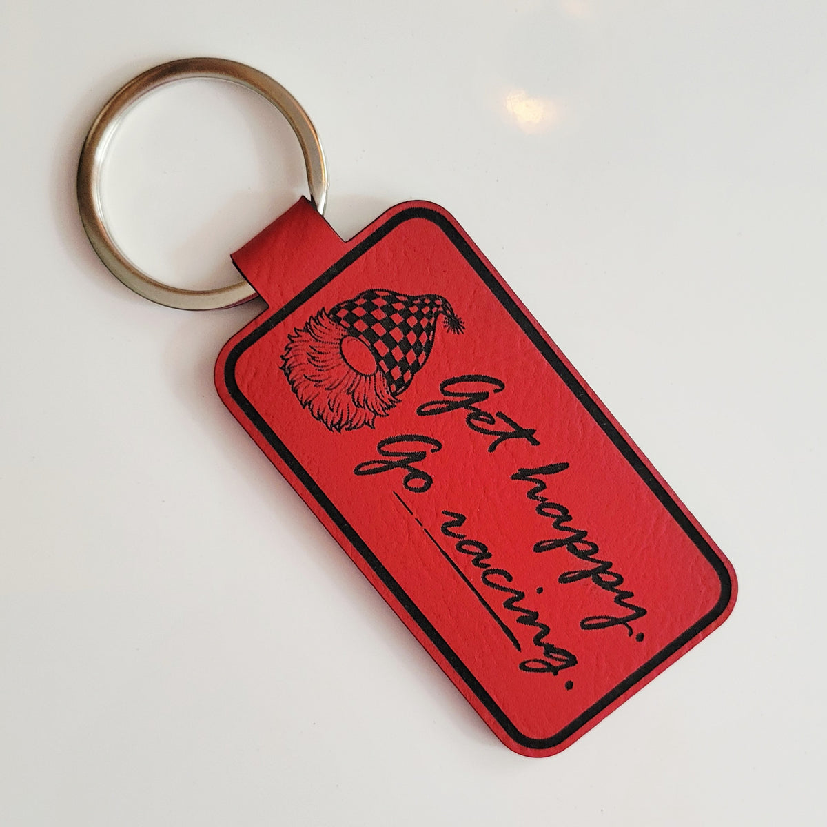 Get Happy Go Racing Gnome Leatherette Racing Themed Key Fob