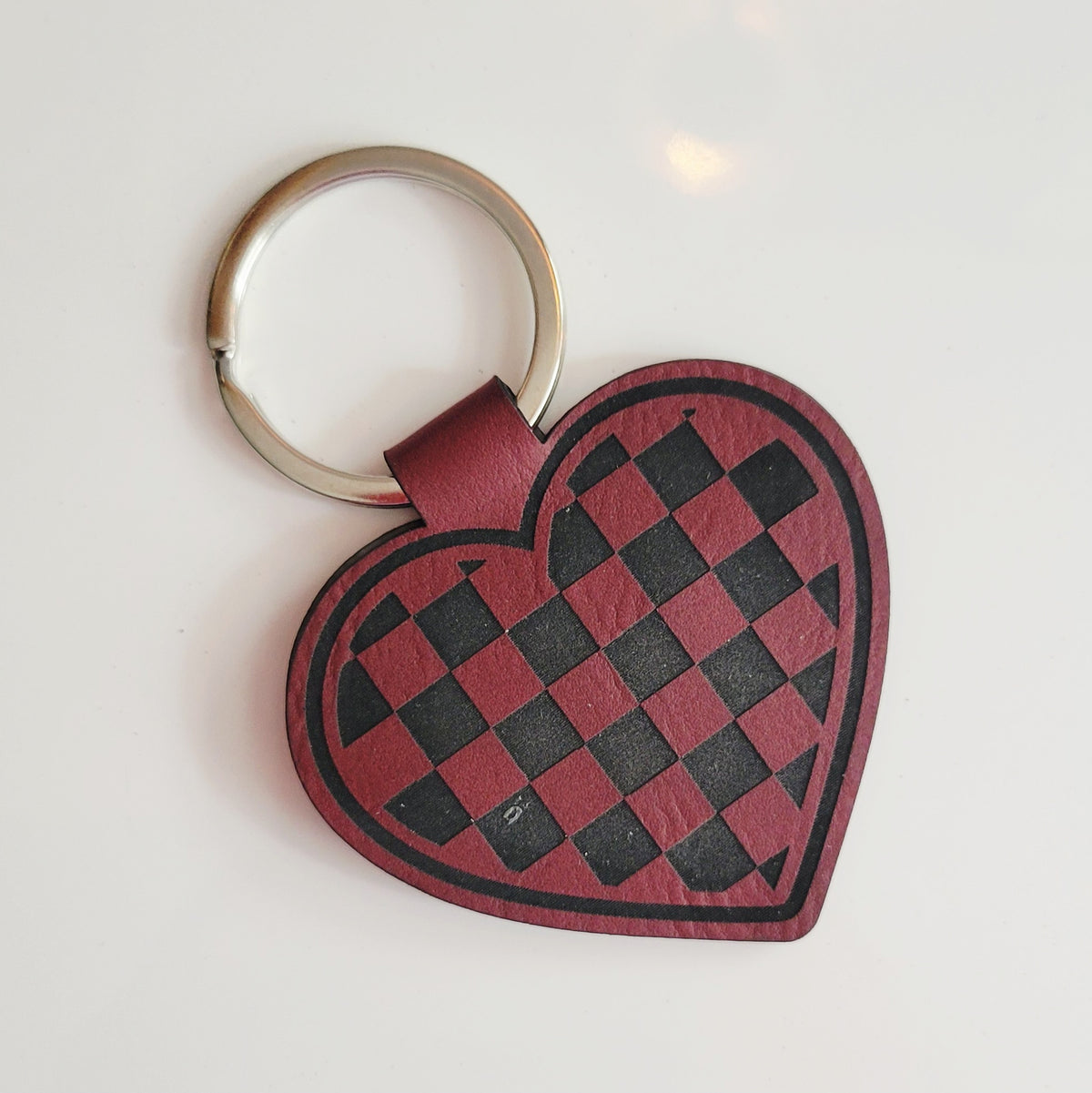 Checkered Heart Leatherette Key Fob