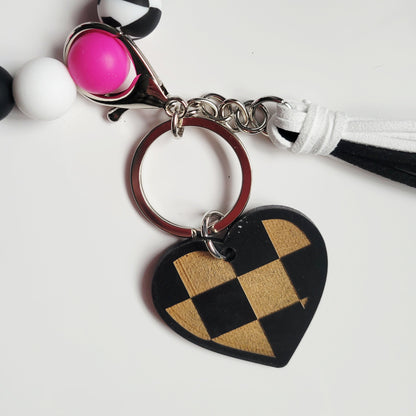 Wavy Checkered Flag Silicone Bead Wristlet Bracelet Key Ring with Charm
