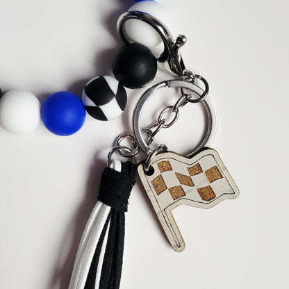 Wavy Checkered Flag Silicone Bead Wristlet Bracelet Key Ring with Charm