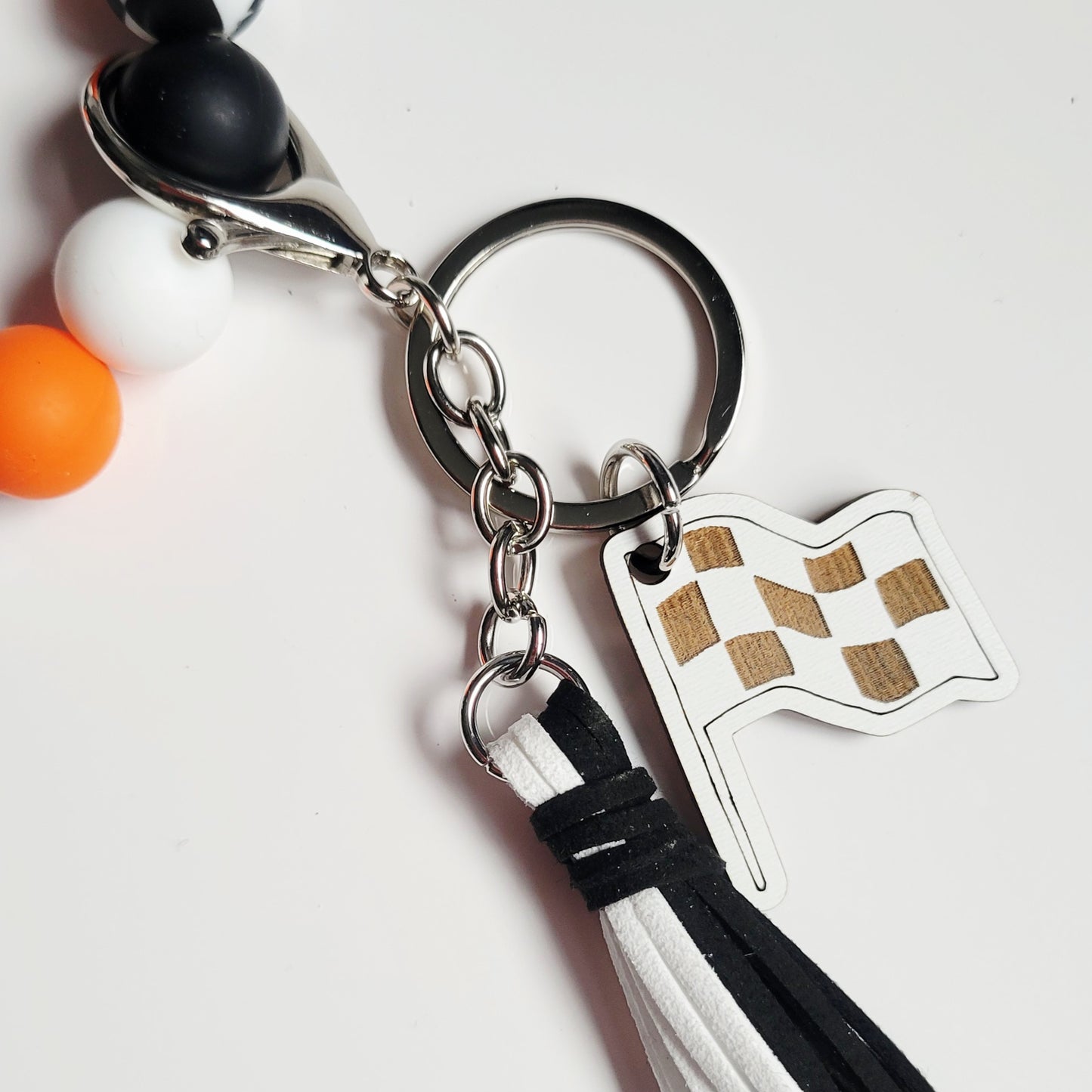 Wavy Checkered Flag Silicone Bead Wristlet Bracelet Key Ring with Charm