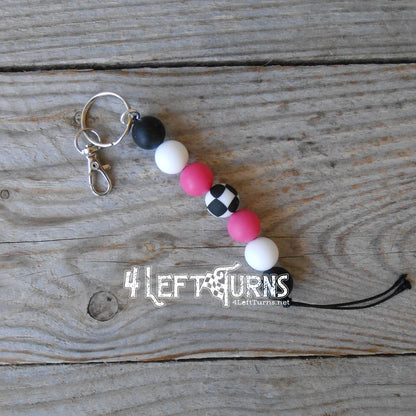 Wavy Checkered Flag Silicone Bead Key Fob with Charm & Tassel