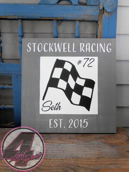 Vintage Look Personalized Race Team Established Hand Painted Wood Sign Checkered Flag - Wood Sign - 4 Left Turns - 6